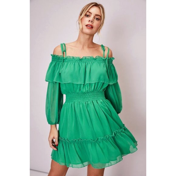 NEW Kelly Green Off Shoulder Ruffle Romantic Dress - Picture 2 of 10
